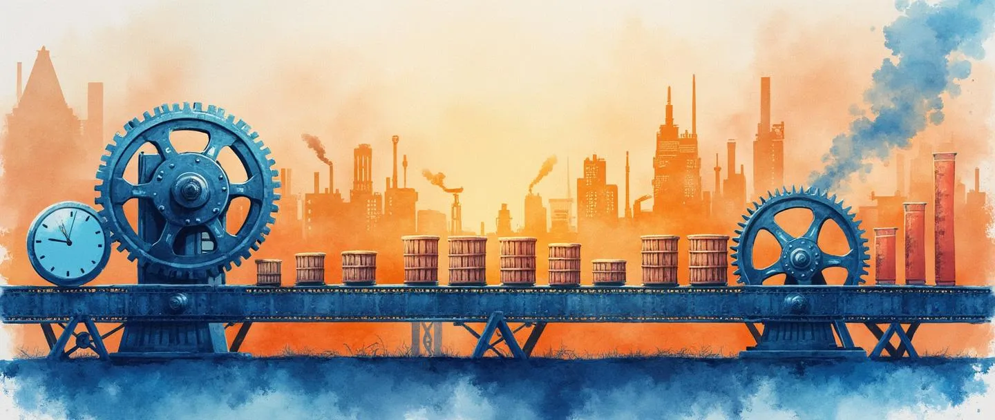 Uma pintura digital em aquarela de uma fábrica com engrenagens dentro, produzindo múltiplos produtos idênticos em uma esteira transportadora. Um relógio e um gráfico próximos mostram o aumento da produção ao longo do tempo. Composição simples com vibrantes tons de azul e laranja, transmitindo eficiência e capacidade de produção.