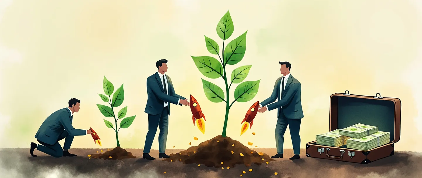 Uma pintura digital em aquarela de empreendedores de terno plantando sementes de dinheiro no solo, com pequenos brotos em forma de foguete crescendo e se transformando em árvores de dinheiro maduras. Uma maleta próxima contém pilhas de dinheiro e contratos. Composição simples com verdes e dourados vibrantes contra um fundo limpo, transmitindo investimento de capital de risco e crescimento.