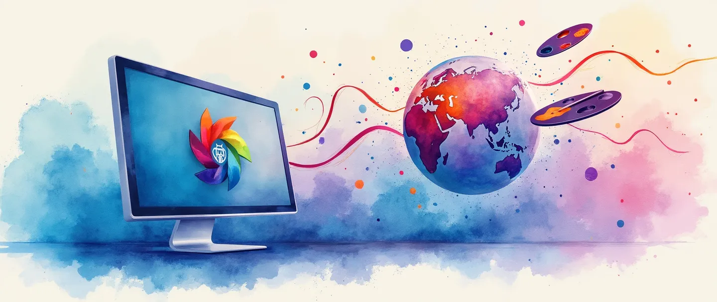 Uma pintura digital em aquarela de uma tela de computador exibindo um logotipo colorido, conectada a um globo com fitas digitais fluindo. Um pincel e uma paleta pairam nas proximidades, criando uma identidade de marca que se estende da tela. Composição simples com vibrantes tons de azul e roxo, representando presença online e branding criativo.