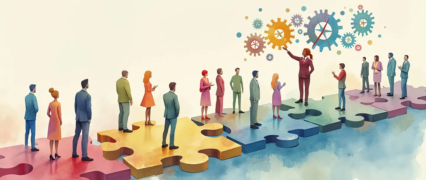 Uma pintura digital em aquarela de pessoas diversas em pé sobre peças de quebra-cabeça conectadas, com um líder segurando uma bússola guiando-os adiante. Engrenagens flutuam acima representando a mecânica organizacional, enquanto uma ponte conecta plataformas de cores diferentes simbolizando a integração cultural. Composição simples com cores vibrantes.