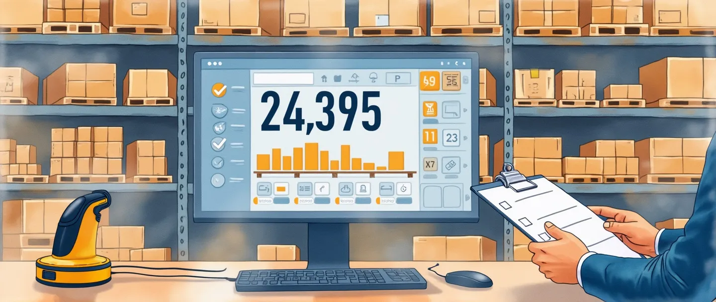 Uma pintura digital em aquarela de prateleiras organizadas de armazém com caixas e produtos, um computador exibindo números de inventário, e uma pessoa verificando itens com uma prancheta. Um leitor de código de barras conectado ao sistema enquanto números flutuantes e marcas de verificação indicam rastreamento. Composição simples com linhas limpas e uma atmosfera profissional.
