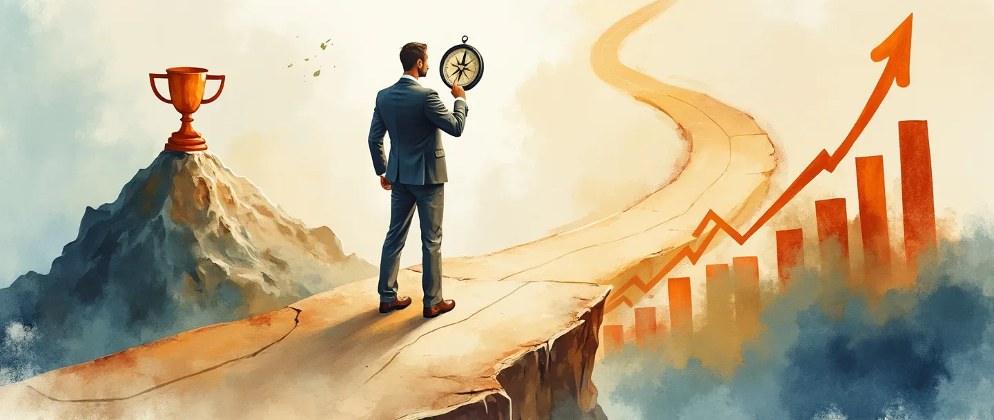 Uma pintura digital em aquarela de uma pessoa de negócios em uma encruzilhada, segurando uma bússola, com vários caminhos levando a diferentes destinos: um cume de montanha, um troféu e um gráfico em ascensão. Composição simples com cores quentes, transmitindo orientação e tomada de decisões estratégicas.