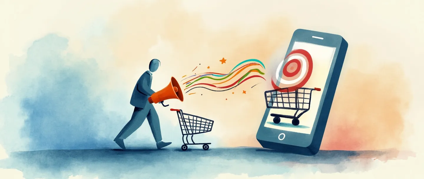 Uma pintura digital em aquarela de um smartphone exibindo uma pessoa retornando a um carrinho de compras, com um símbolo sutil de alvo conectando-os. Próximo, um pequeno megafone envia ondas coloridas em direção à pessoa. Composição simples com tons suaves de azul e laranja, transmitindo o conceito de campanhas de remarketing trazendo clientes de volta.