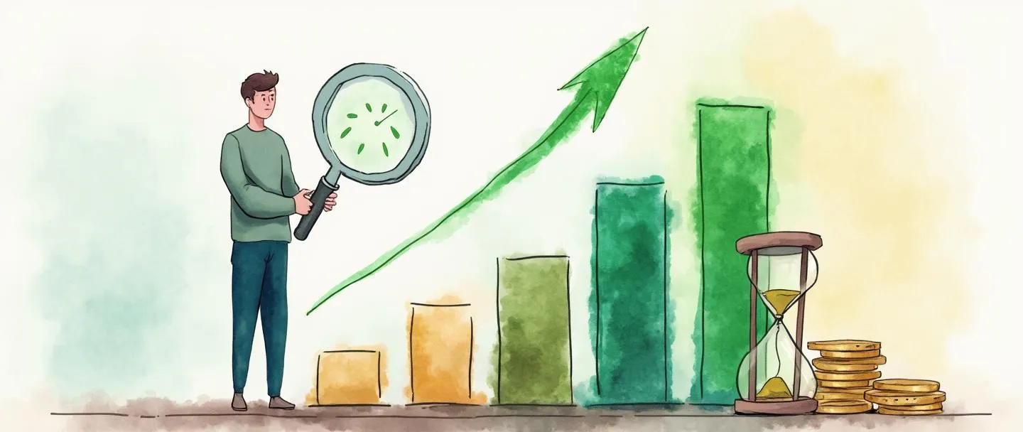 Uma pintura digital em aquarela de uma pessoa analisando um gráfico de barras que se transforma em uma seta para cima, com uma lupa destacando áreas eficientes em verde. Uma pequena ampulheta e uma pilha de moedas estão próximas, representando tempo e recursos economizados. Composição simples com linhas limpas e foco em conceitos de eficiência.