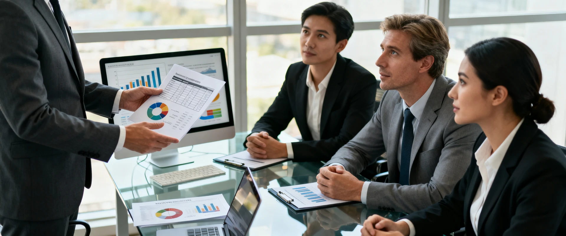 Fotografia editorial ultra-realista de consultor de negócios apresentando documentos estratégicos e gráficos financeiros para executivos em mesa de conferência moderna, luz natural, foco nítido, alta resolução, momento autêntico capturado em Canon EOS R5.