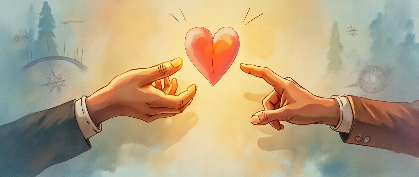 Uma pintura digital em aquarela de duas mãos se estendendo uma em direção à outra em um aperto de mãos, com um coração brilhante se formando entre elas. Uma ponte conecta as figuras, com uma pequena rosa dos ventos próxima indicando direção. Cores simples e quentes transmitem confiança e conexão. Conceito de liderança em relacionamento com o cliente.