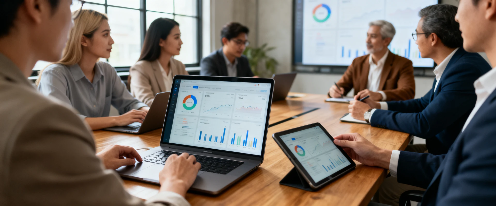 Ferramentas Tecnológicas que Facilitam a Gestão Empresarial Equipe de negócios diversificada colaborando em reunião moderna com laptop e tablet, exibindo dashboards de dados em mesa de conferência de madeira, fotografia documental profissional em alta resolução com luz natural.