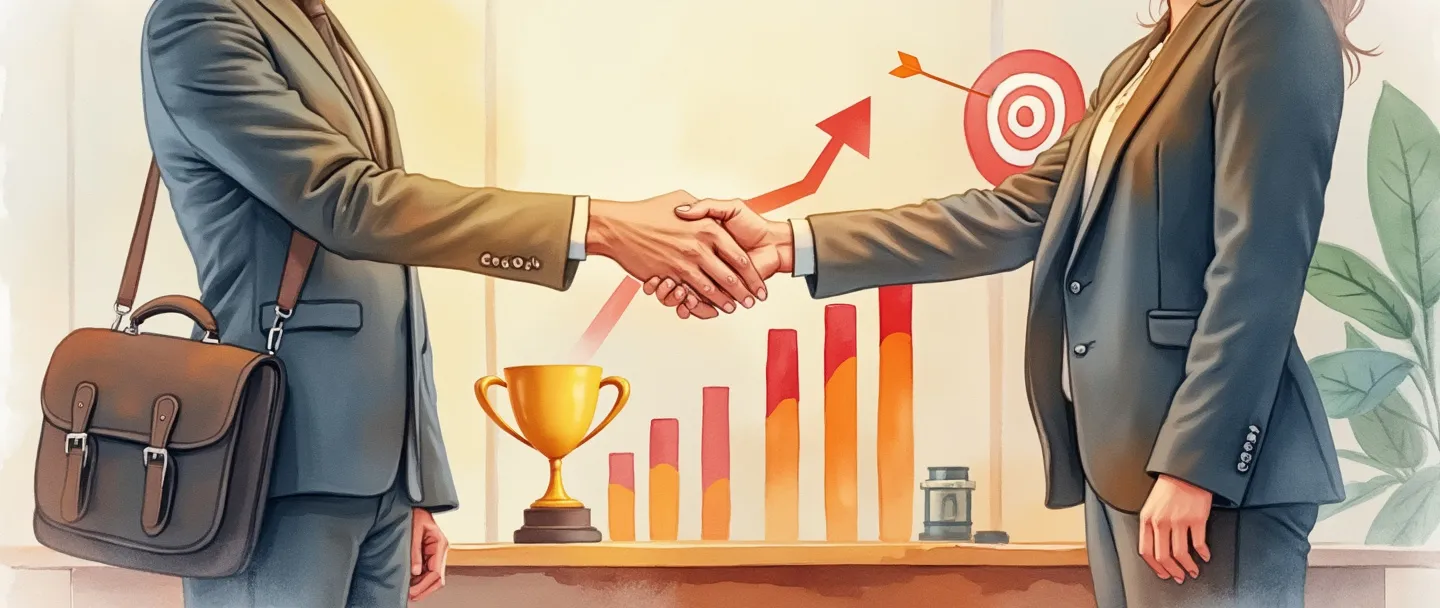 Uma pintura digital em aquarela de um profissional com uma pasta executiva apertando as mãos de um cliente, rodeado por gráficos de barras ascendentes e um pequeno troféu. Um alvo de vendas com uma flecha acertando o centro aparece no fundo. Ambiente de escritório simples com cores quentes e confiantes.