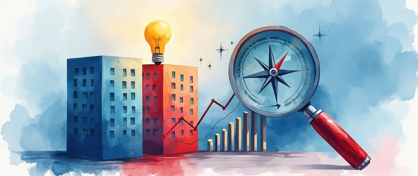 Uma pintura digital em aquarela de uma lupa examinando gráficos de barras que comparam dois edifícios de escritórios. Uma bússola aponta para um gráfico em ascensão enquanto uma lâmpada brilha acima. Composição simples com tema de análise competitiva em tons vibrantes de azul e vermelho.