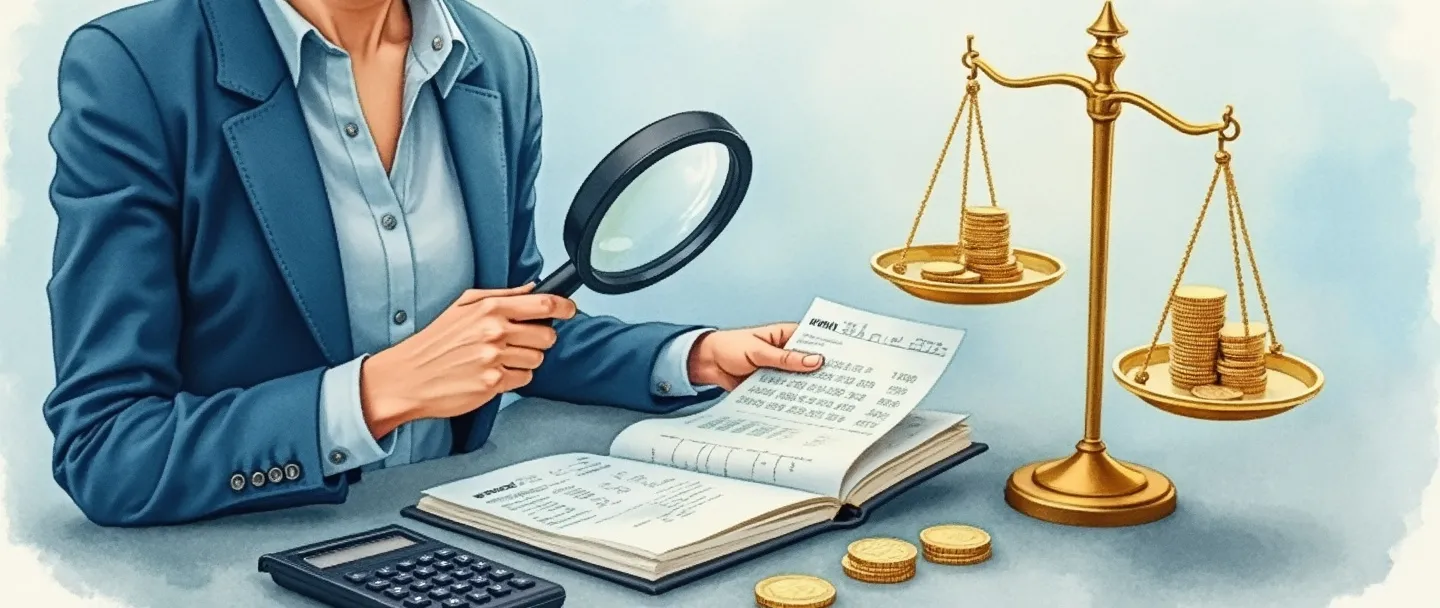 Uma pintura digital em aquarela de uma pessoa em trajes de negócios examinando documentos financeiros com uma lupa. Ao lado dela, um livro aberto com números e uma calculadora. Uma balança de pratos segura moedas de um lado e documentos do outro. Composição simples com tons suaves de azul e dourado, transmitindo escrutínio financeiro e precisão.
