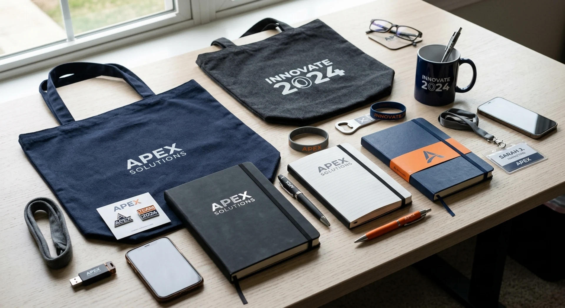Fotografia editorial ultra-realista em flat lay de itens promocionais corporativos incluindo cadernos personalizados, canetas, sacolas e canecas de café sobre mesa branca, capturada com luz natural e foco nítido em alta resolução.