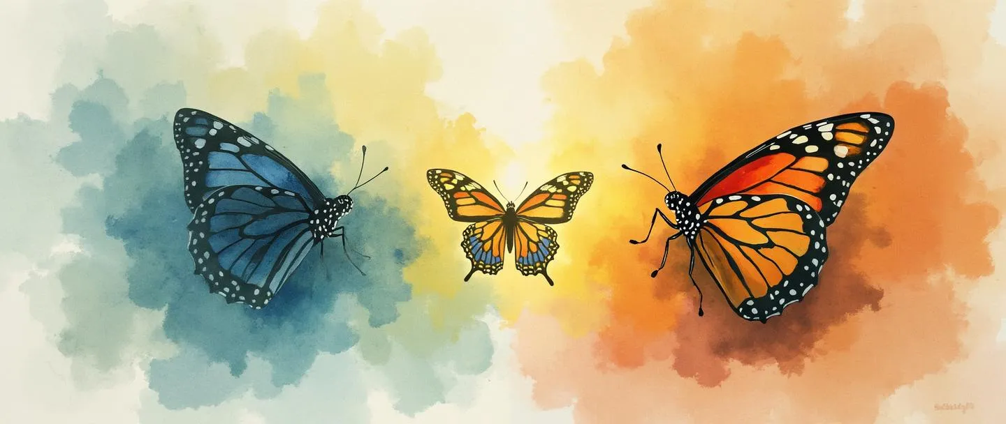 Uma pintura digital em aquarela de uma borboleta emergindo de um casulo, transformando-se em uma forma nova e vibrante. Ao lado, um logotipo antigo de empresa desaparece enquanto um logotipo novo e moderno brilha intensamente. Composição simples com cores contrastantes mostrando o antes e depois da evolução da marca.