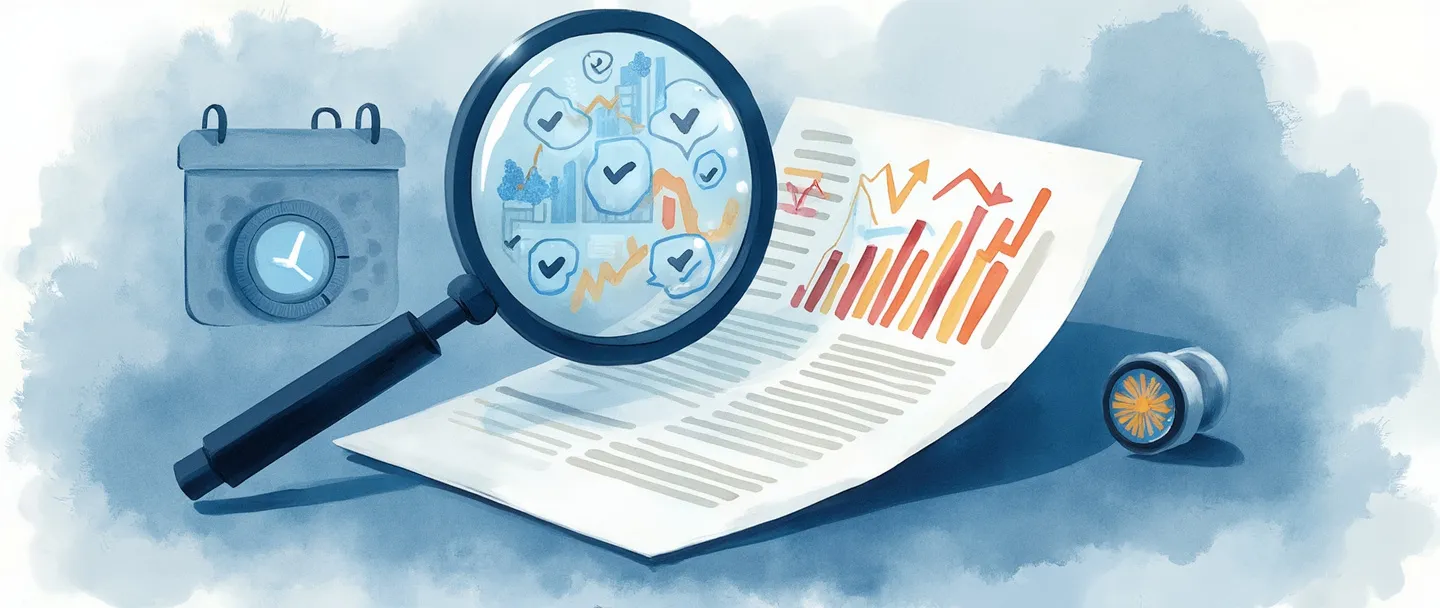 Uma pintura digital em aquarela de um documento de contrato aberto com uma lupa pairando acima dele, revelando gráficos coloridos e marcas de verificação. Um calendário e um relógio aparecem suavemente no fundo, enquanto um símbolo de aperto de mãos brilha no canto. Composição simples com linhas limpas e tons profissionais de azul.