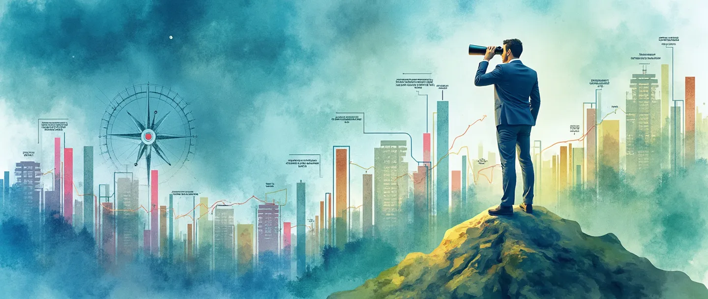Uma pintura digital em aquarela de uma pessoa de negócios com binóculos em pé no topo de uma montanha, observando uma paisagem com vários elementos externos como tendências de mercado (mostradas como gráficos coloridos), edifícios de concorrentes e fatores ambientais. Uma rosa dos ventos no canto indica a direção estratégica. Composição simples com azuis e verdes vibrantes.