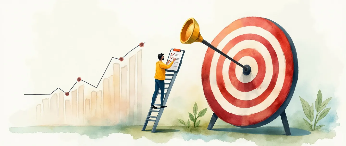 Uma pintura digital em aquarela de uma pessoa subindo uma escada em direção a um alvo de tiro ao alvo, acompanhando seu progresso com marcas de verificação em uma prancheta. Um pequeno troféu está no topo do alvo, enquanto um gráfico simples com uma tendência ascendente aparece no fundo. Cores suaves e motivacionais com um estilo limpo e minimalista.