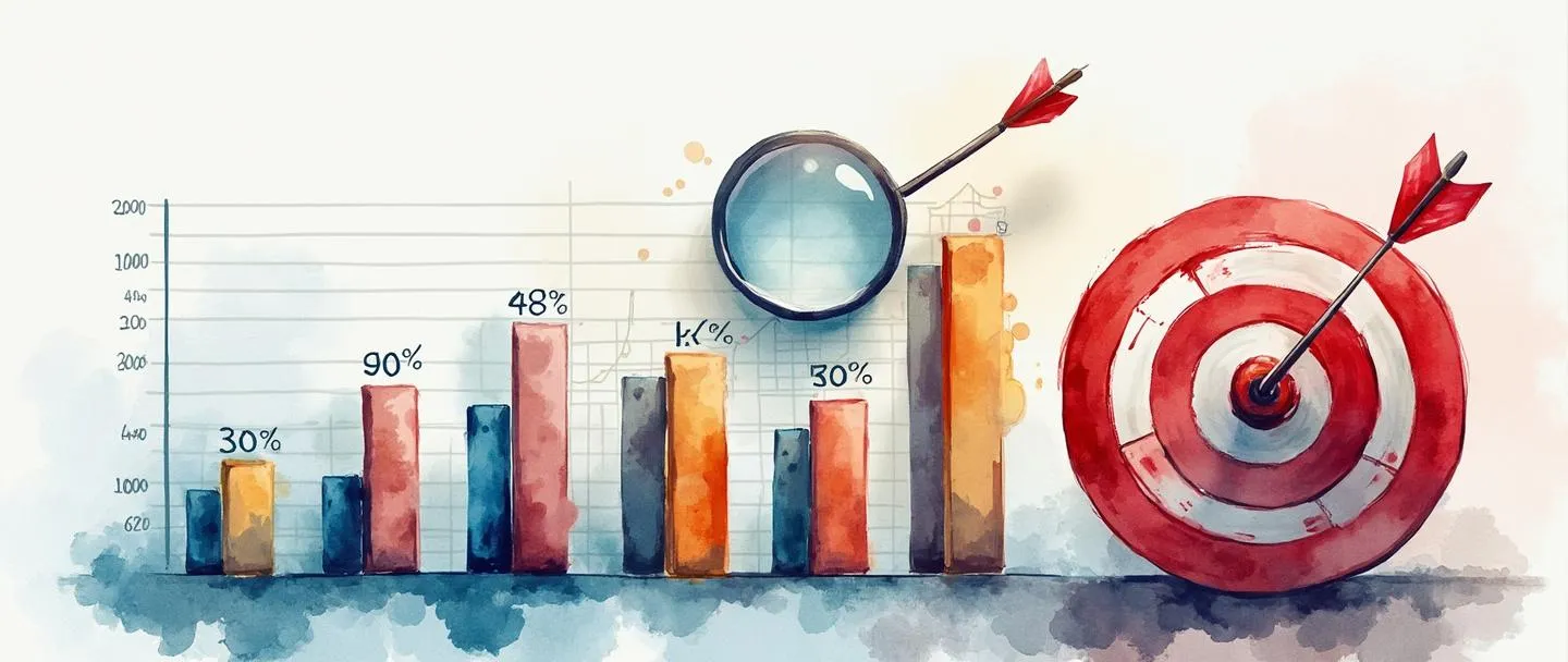 Uma pintura digital em aquarela de um painel mostrando um gráfico de barras com percentuais e proporções, com uma lupa pairando sobre a barra mais alta rotulada como "KPI". Um alvo com uma flecha no centro está ao lado. Composição simples, cores profissionais, tema de visualização de dados.