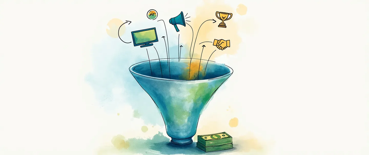 Uma pintura digital em aquarela de um funil com um computador no topo e dinheiro na parte inferior. Dentro do funil há setas fluindo que conectam ícones simplificados: um megafone no topo, seguido por uma lâmpada, um aperto de mãos e um troféu em ordem descendente. Tons vibrantes de azul e verde com acentos dourados. Composição simples e limpa mostrando a jornada de marketing digital.