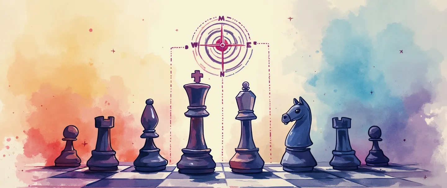 Uma pintura digital em aquarela de peças de xadrez estrategicamente posicionadas em um tabuleiro de xadrez simplificado, com uma rosa dos ventos sutilmente integrada ao fundo. Um símbolo claro de alvo paira acima, conectado às peças de xadrez por linhas pontilhadas tênues. Cores vibrantes, porém profissionais, conceito de planejamento estratégico, composição elegante.