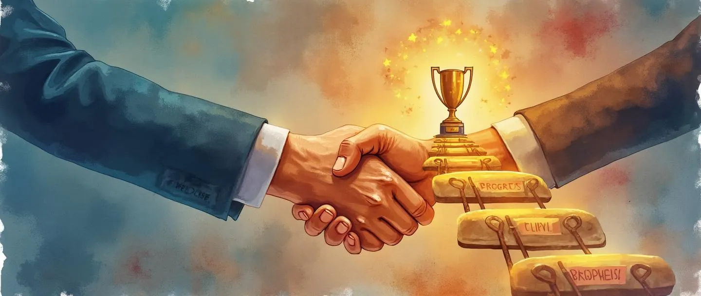 Uma pintura digital em aquarela de um aperto de mãos entre uma pessoa de negócios e um novo cliente, com um caminho brilhante que leva de uma placa de boas-vindas a um troféu. Uma escada simples conecta pedras de passagem rotuladas com marcadores de progresso. Cores quentes e convidativas com um estilo limpo e minimalista que transmite orientação e integração bem-sucedida.