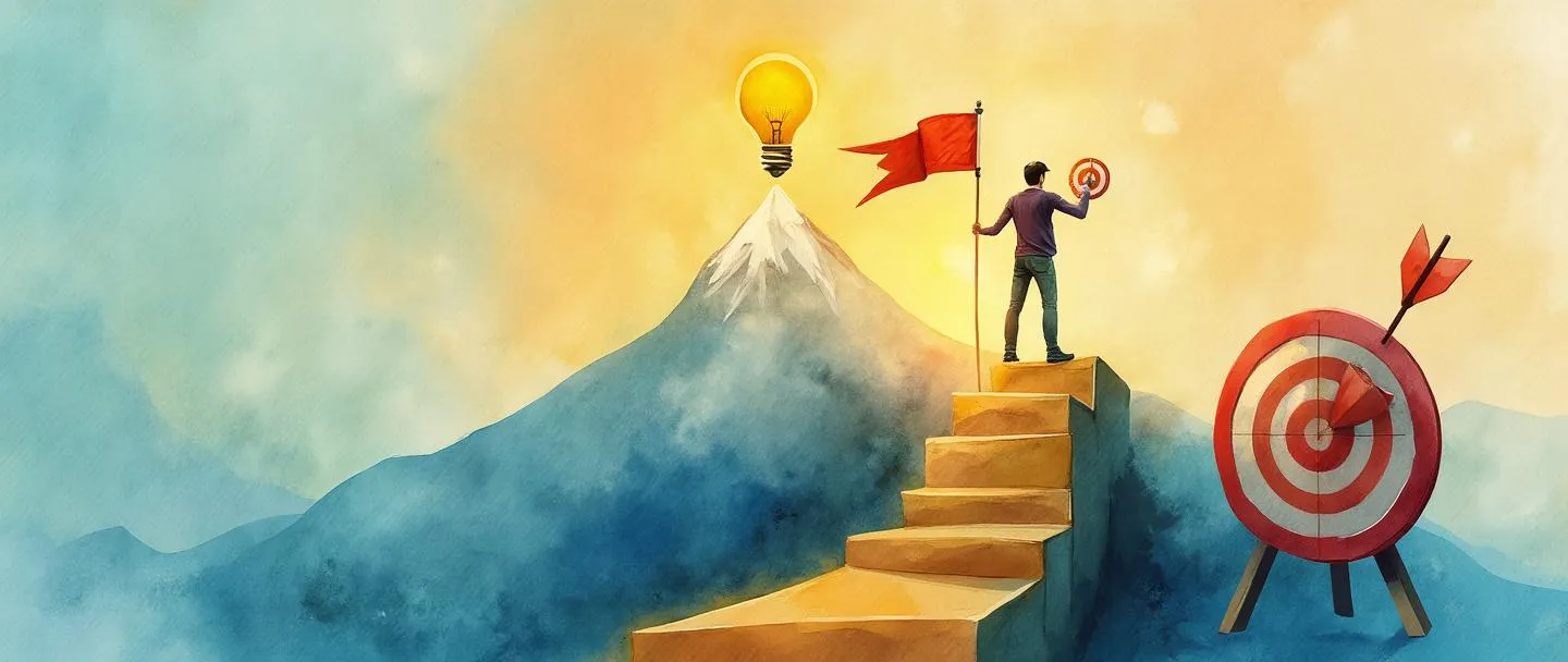 Uma pintura digital em aquarela de uma pessoa em pé confiante em um pódio, segurando uma bandeira e uma bússola, com um caminho claro levando ao pico de uma montanha. Uma lâmpada brilha acima de sua cabeça, enquanto um alvo com uma flecha no centro está próximo. Composição simples com cores vibrantes transmitindo propósito e direção.