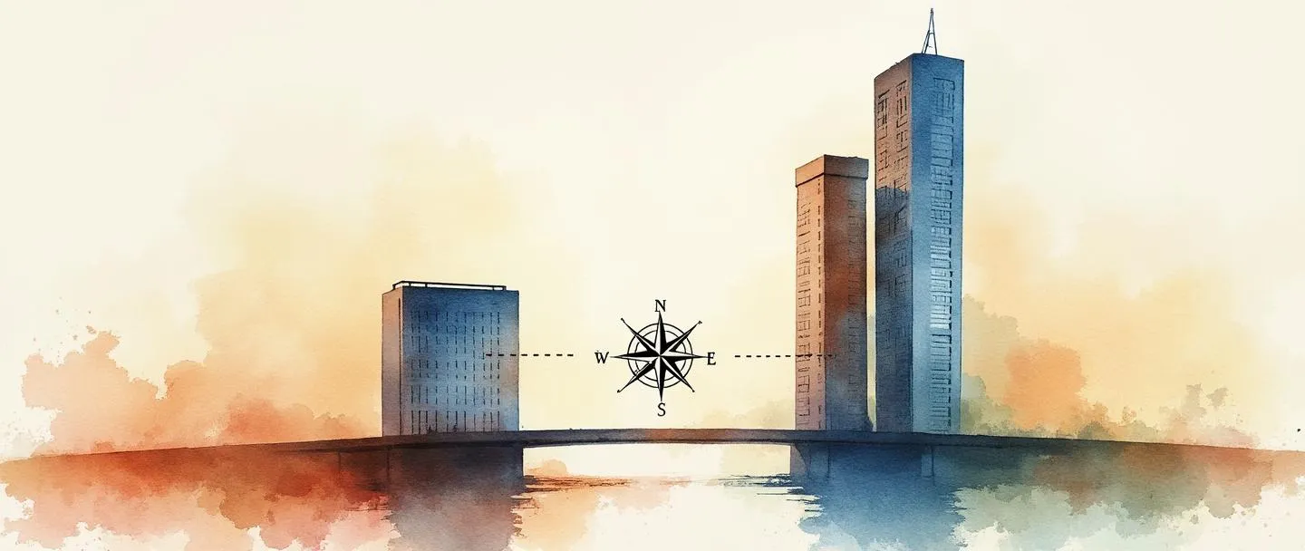 Uma pintura digital em aquarela de um pequeno edifício de escritórios conectado por uma ponte a um arranha-céu maior. Uma rosa dos ventos entre eles sugere distância e direção. Composição simples com cores quentes, detalhes mínimos, representando o conceito de uma filial ou escritório satélite.