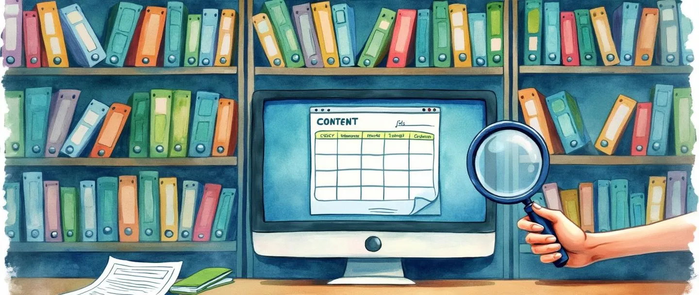Uma pintura digital em aquarela de uma estante de livros organizada com pastas de conteúdo arrumadas ordenadamente, uma tela de computador exibindo um calendário de conteúdo, e uma mão segurando uma lupa examinando um documento. Composição simples com vibrantes tons de azul e verde, transmitindo organização e gerenciamento digital.