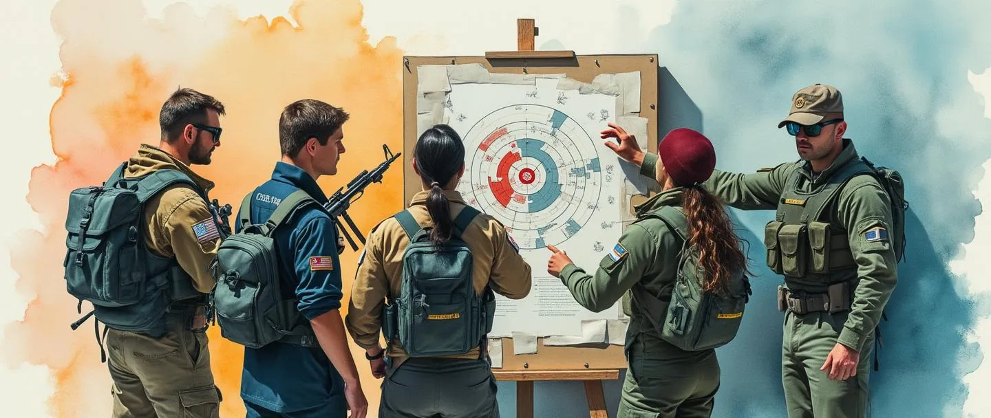Uma pintura digital em aquarela de uma equipe de profissionais diversos em equipamento tático, estrategicamente posicionados ao redor de um quadro alvo com um centro. Eles estão conectando peças de quebra-cabeça enquanto consultam uma bússola, com um fluxograma simples visível nas proximidades. Composição limpa, atmosfera de trabalho em equipe focado, tema de planejamento estratégico.