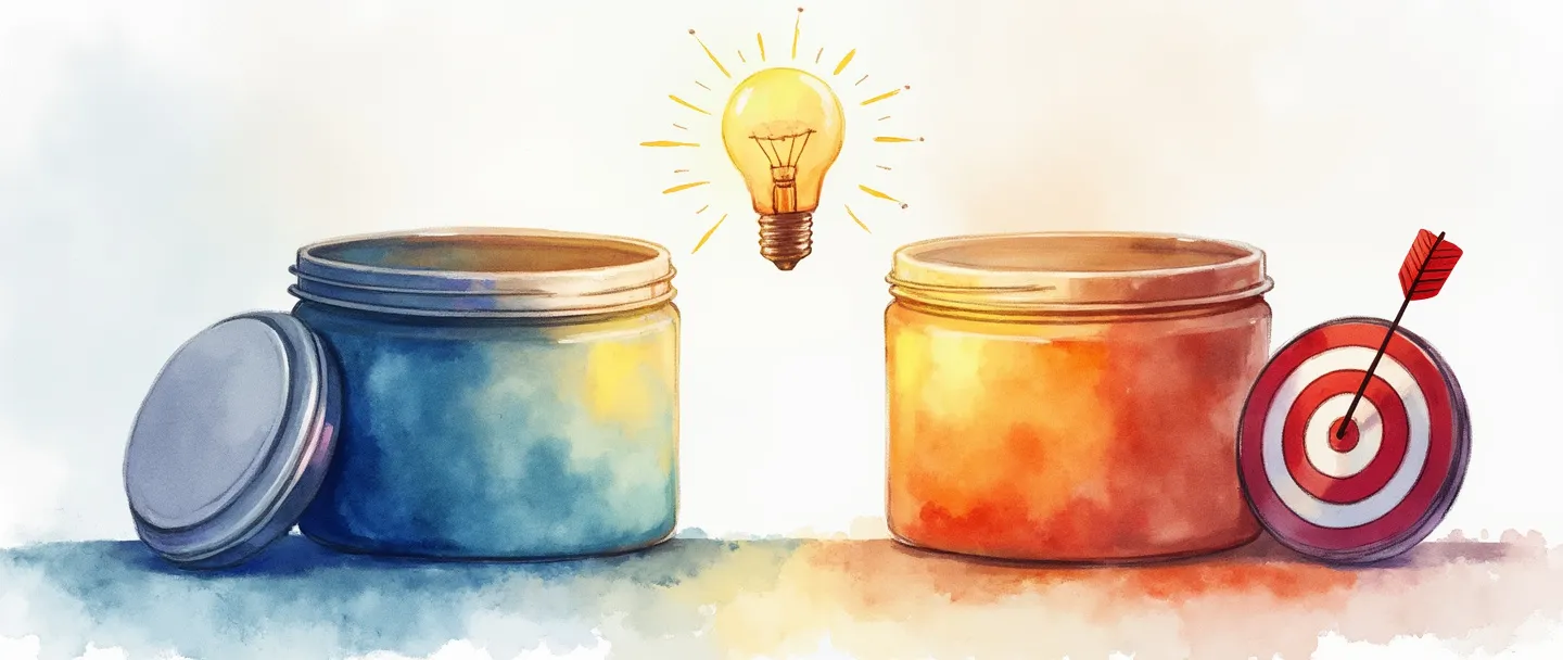 Uma pintura digital em aquarela de dois produtos idênticos lado a lado, com um produto brilhando e cercado por uma sutil aura de arco-íris. Uma lâmpada flutua acima do produto brilhante, enquanto um alvo com uma flecha no centro está próximo. Composição simples com cores suaves, transmitindo o conceito de diferenciação de produto.