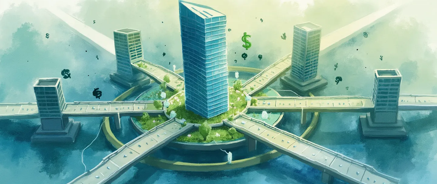 Uma pintura digital em aquarela de um arranha-céu moderno servindo como um centro principal com várias pontes conectando-se a edifícios financeiros menores. Símbolos de dinheiro e conexões digitais fluem entre as estruturas. Uma rosa dos ventos indica sutilmente as direções do fluxo financeiro. Composição simples com tons de azul e verde, transmitindo conectividade financeira e centralização.