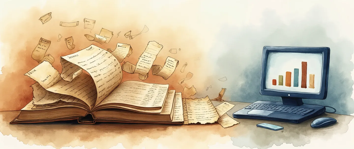 Uma pintura digital em aquarela de um livro aberto com páginas se transformando em pergaminhos de documentos históricos e recibos. Um livro contábil vintage com entradas manuscritas está ao lado dele, conectado por uma linha do tempo fluida que leva a um computador moderno exibindo um gráfico de barras. Composição simples com tons sépia quentes transitando para azuis corporativos, capturando a essência dos registros da história comercial.