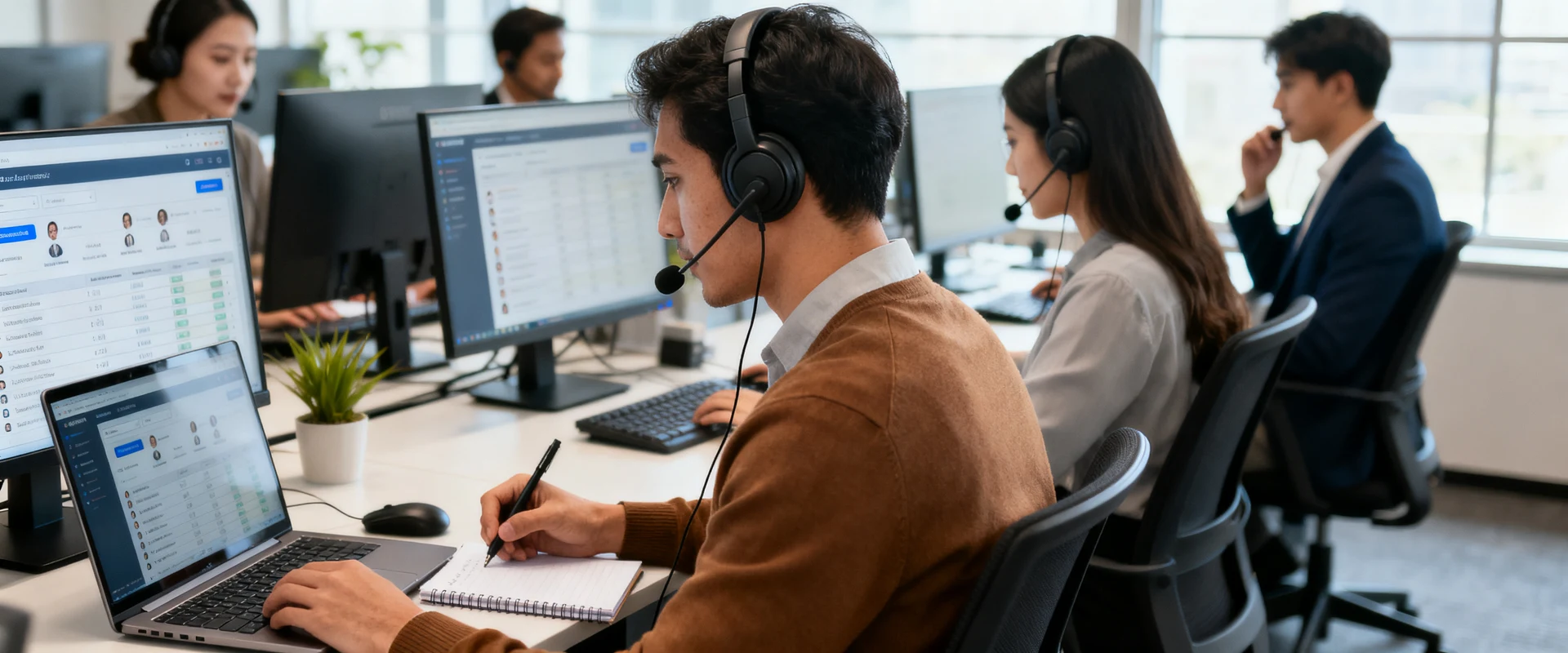 Outbound Sales: como funciona e como implementar com foco em resultados Equipe de vendas profissional e diversificada fazendo cold calls em escritório moderno, usando headsets e laptops com dashboards de CRM visíveis, fotografia editorial ultra-realista capturada em Canon EOS R5 com luz natural.