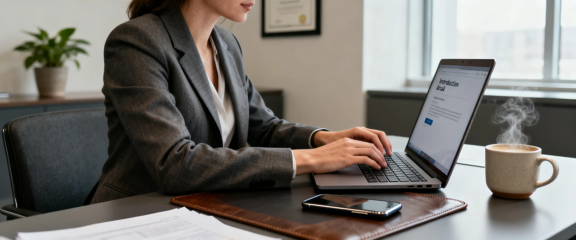 Mulher de negócios profissional digitando e-mail de apresentação no laptop em escritório moderno, com smartphone e xícara de café, fotografia editorial ultra-realista com luz natural e detalhes nítidos.