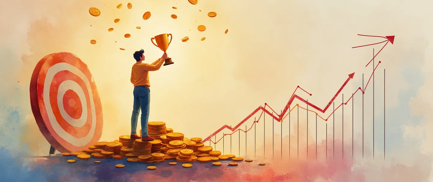 Uma pintura digital em aquarela de uma pessoa alcançando um troféu no topo de um alvo, com moedas caindo ao redor dela. Um gráfico simples com tendência ascendente aparece no fundo. A cena é banhada em cores quentes e motivacionais, com um estilo limpo e minimalista.