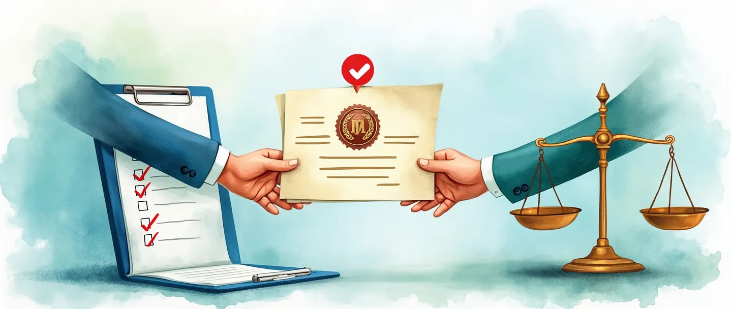 Uma pintura digital em aquarela de duas mãos trocando um certificado com um selo oficial, enquanto um sinal de verificação aparece acima delas. Uma prancheta com uma lista de verificação completa está próxima, ao lado de uma balança simples mostrando equilíbrio. Linhas limpas, tons profissionais de azul e verde, transmitindo validação e aprovação de serviço.