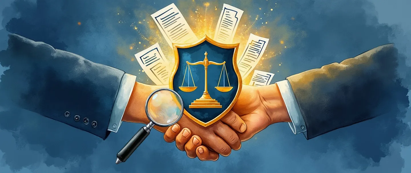 Uma pintura digital em aquarela de um escudo com a balança da justiça em seu centro, cercado por um círculo brilhante de documentos e certificados de conformidade. Um aperto de mãos forma a base da composição, com uma pequena lupa examinando letras miúdas. Simples, profissional, com tons de azul e dourado representando confiança e autoridade.