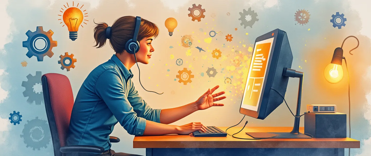 Uma pintura digital em aquarela de um profissional de TI prestativo em uma mesa de computador auxiliando um colega, com um headset e uma tela brilhante mostrando uma interface de tickets de suporte. Ao redor da mesa estão engrenagens flutuantes e uma lâmpada simbolizando soluções. Composição simples com cores quentes e reconfortantes representando suporte técnico interno.
