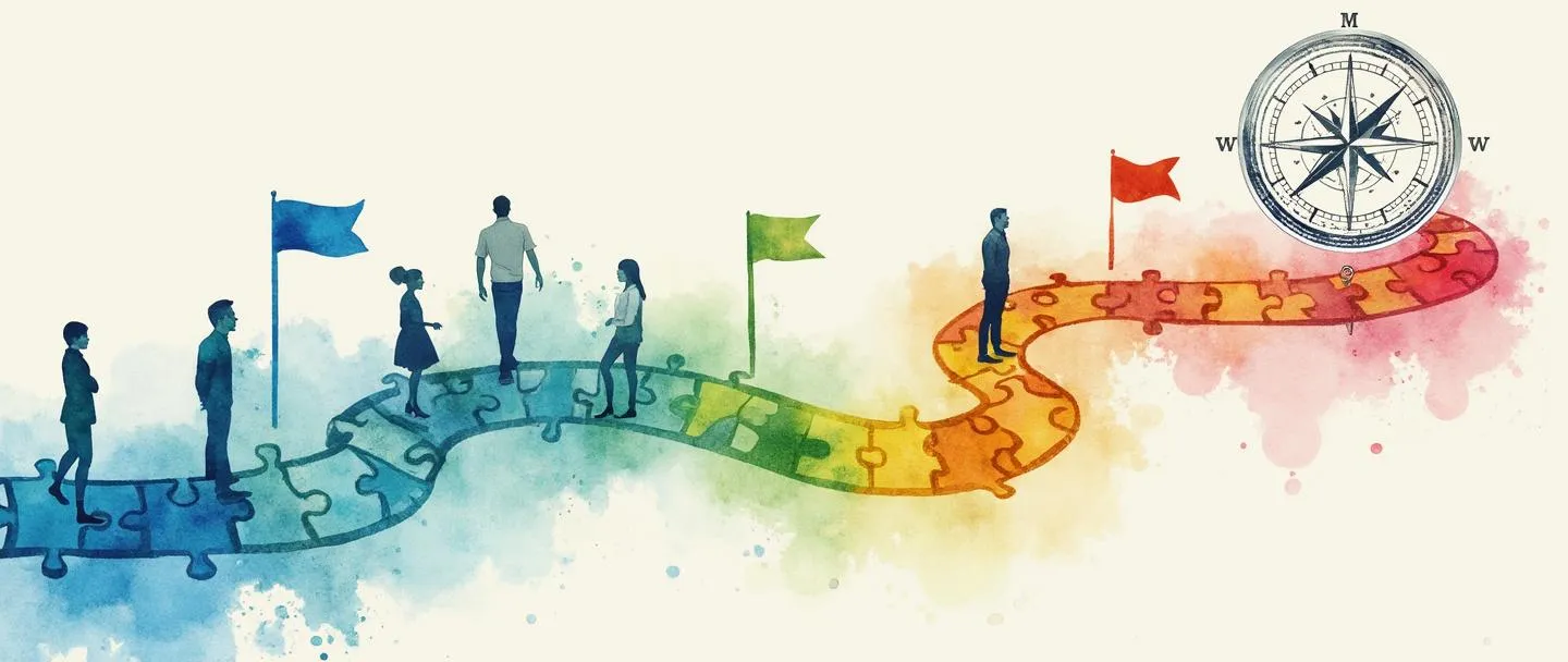 Uma pintura digital em aquarela de um mapa de jornada do cliente exibido como um caminho colorido com segmentos distintos, cada um marcado por uma pequena bandeira. Uma bússola guia a jornada, enquanto peças de quebra-cabeça conectam diferentes segmentos. Silhuetas simples representam clientes em vários pontos de contato ao longo do caminho. Design limpo com tons vibrantes de azul e verde contra um fundo claro.