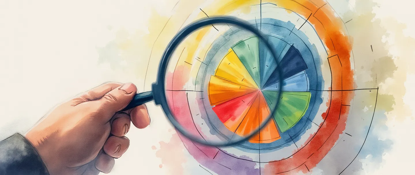Um desenho em aquarela digital de uma mão segurando uma lupa examinando um gráfico de pizza colorido, com segmentos de mercado distintos claramente visíveis. No fundo, um alvo com anéis de diferentes cores representa grupos de clientes. Composição simples com cores vibrantes em um fundo claro, transmitindo planejamento de segmentação de mercado.