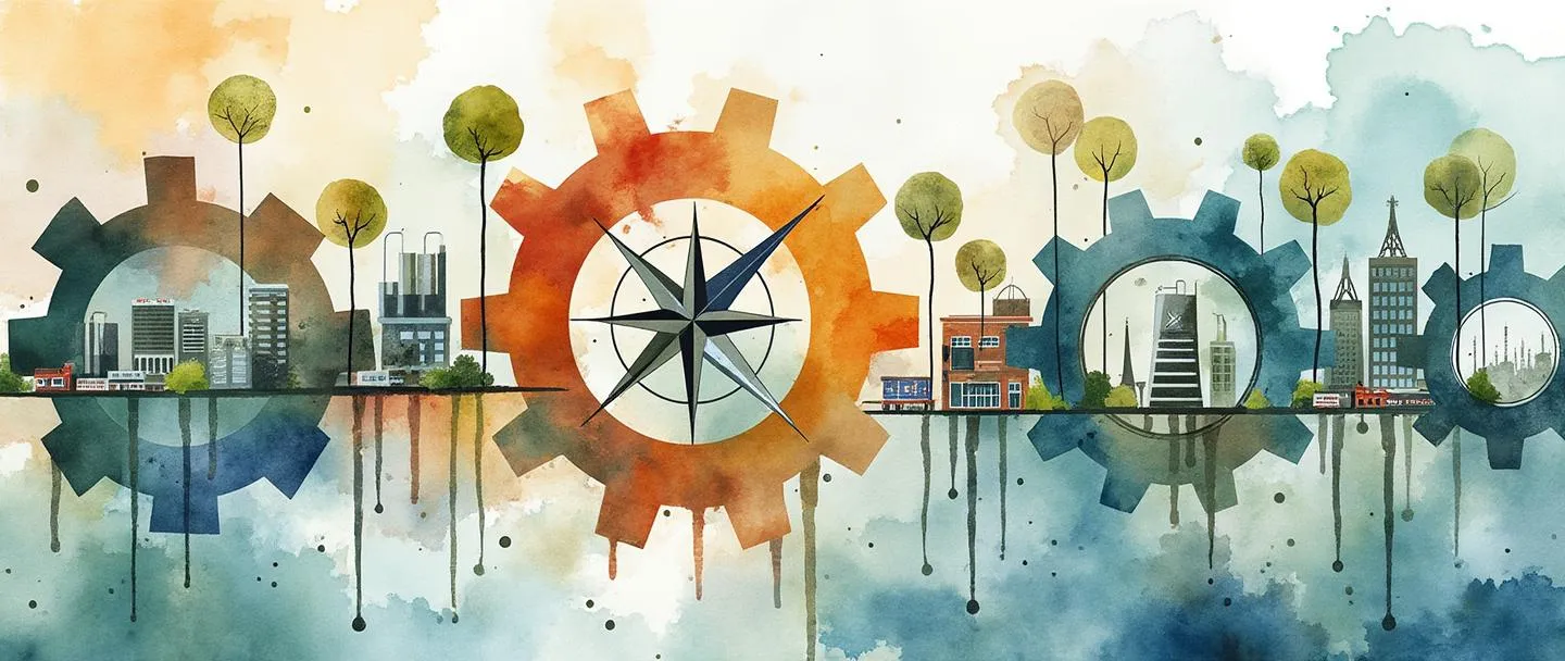 Uma pintura digital em aquarela de engrenagens interconectadas formando um ecossistema, com pequenos edifícios de escritórios, fábricas e lojas crescendo organicamente dentro dele. Peças de quebra-cabeça conectam diferentes elementos de negócios enquanto uma bússola indica a direção. A aquarela fluida cria uma sensação de harmonia e interdependência. Composição simples com cores vibrantes, mas profissionais.
