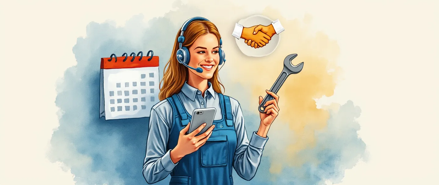 Uma pintura digital em aquarela de um representante de atendimento ao cliente com fone de ouvido sorrindo enquanto segura um smartphone em uma mão e uma chave inglesa na outra. Atrás dele há um calendário e um símbolo de aperto de mãos, representando suporte pós-venda e serviços de manutenção. Composição simples com tons suaves de azul e amarelos quentes, transmitindo confiança e assistência.