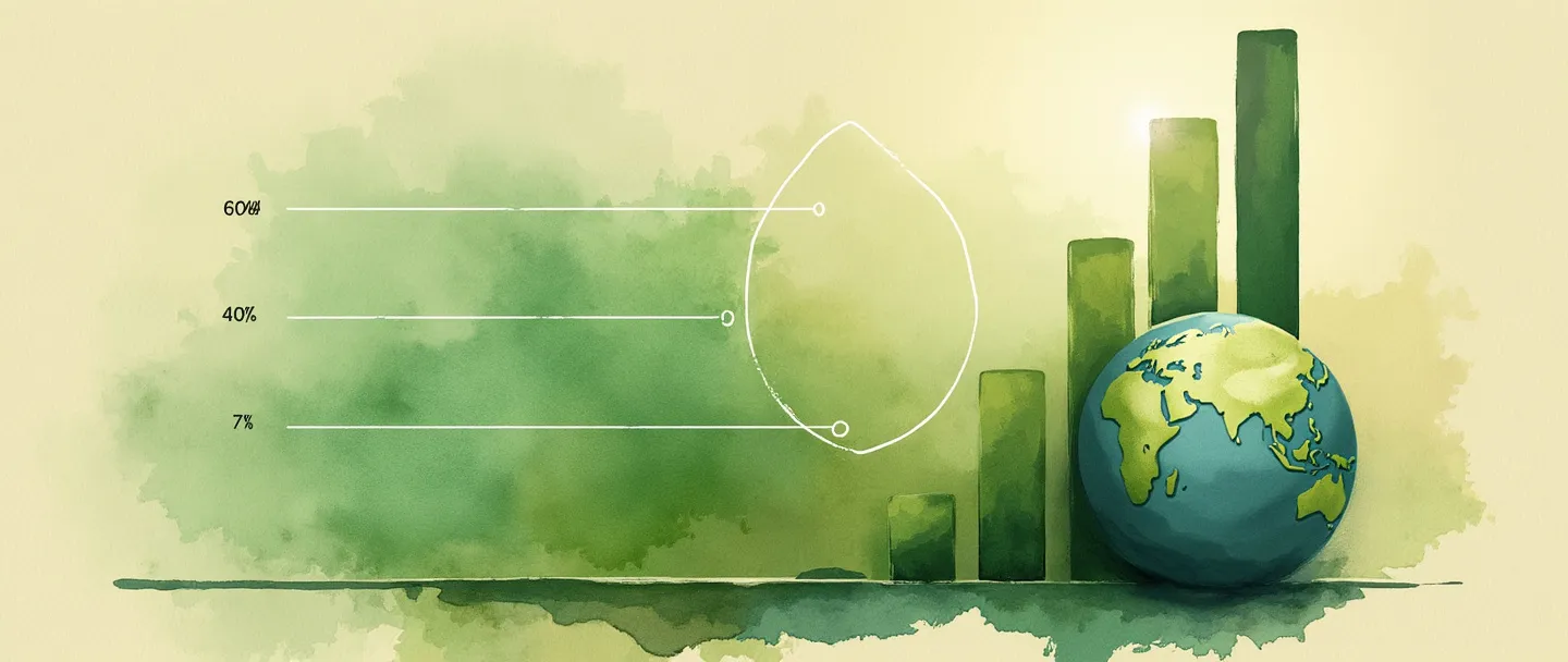 Uma pintura digital em aquarela de uma folha verde com linhas de medição e um símbolo de alvo sobreposto. Um gráfico de barras simples se eleva ao lado de um pequeno globo. Tons terrosos com respingos de verde vibrante, transmitindo métricas de sustentabilidade com elementos mínimos.
