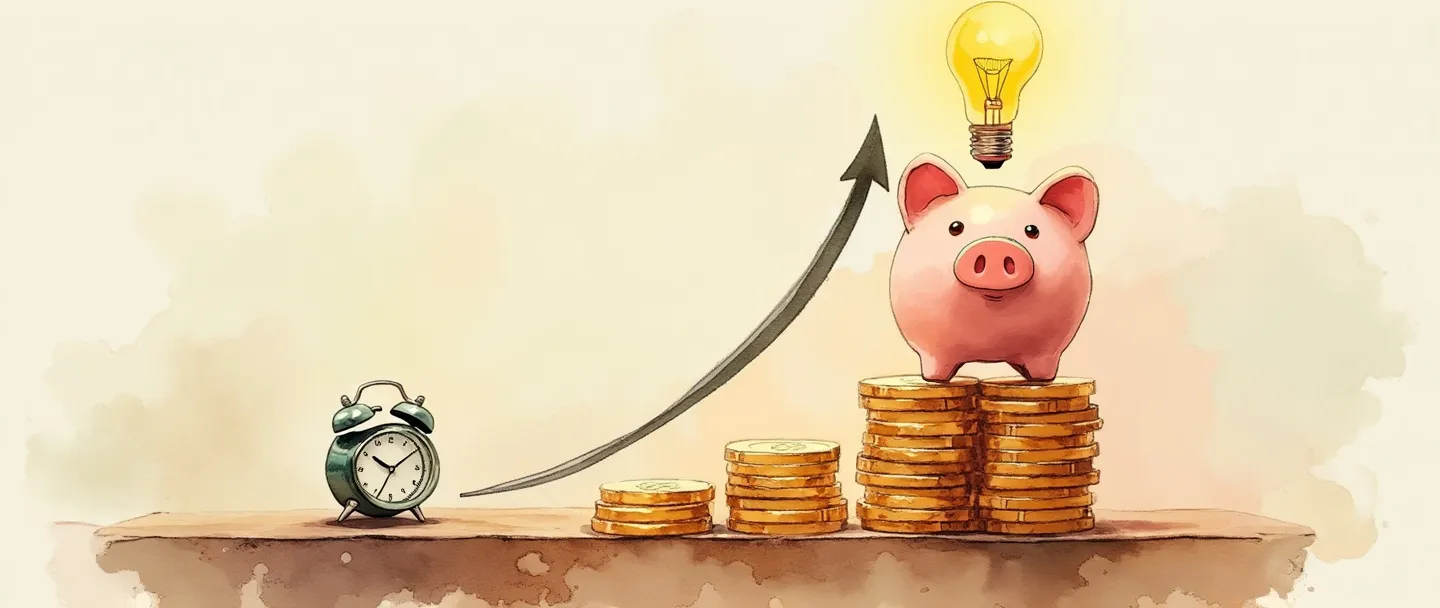 Uma pintura digital em aquarela de um cofre de porquinho equilibrando-se em um gráfico ascendente, com uma lâmpada brilhando acima dele. Um pequeno relógio e uma calculadora estão próximos, enquanto moedas douradas formam um caminho organizado que leva para cima. Composição simples, cores quentes, conceito de eficiência financeira.