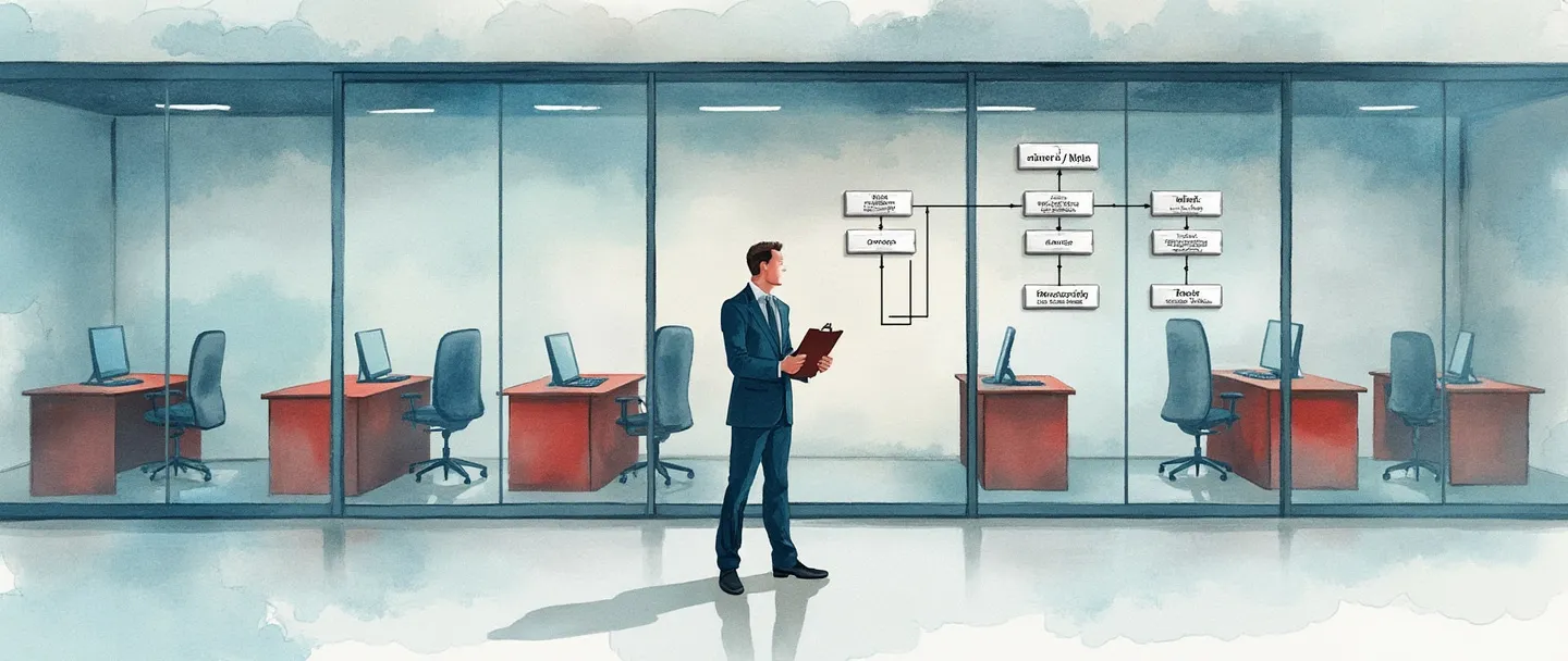 Uma pintura digital em aquarela de um edifício governamental com paredes transparentes mostrando mesas organizadas em seu interior. Uma pessoa em traje formal segura uma prancheta enquanto está ao lado de um fluxograma conectando diferentes departamentos. Composição simples com tons suaves de azul e vermelho, representando a estrutura da administração pública direta.