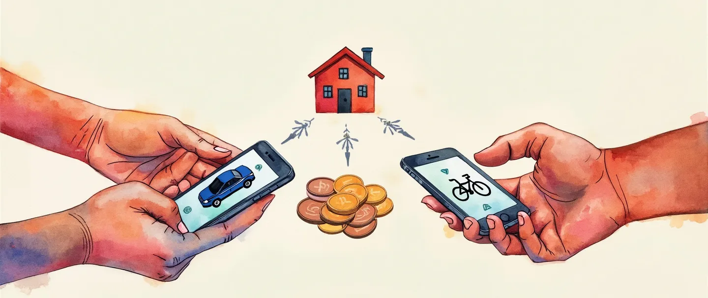 Uma pintura digital em aquarela mostrando pessoas compartilhando itens através de smartphones. Duas mãos trocando ícones de carro, bicicleta e casa entre dispositivos. Uma carteira simples com moedas flui entre eles, representando a economia compartilhada. Cores vibrantes, porém simples, fundo minimalista, atmosfera colaborativa.