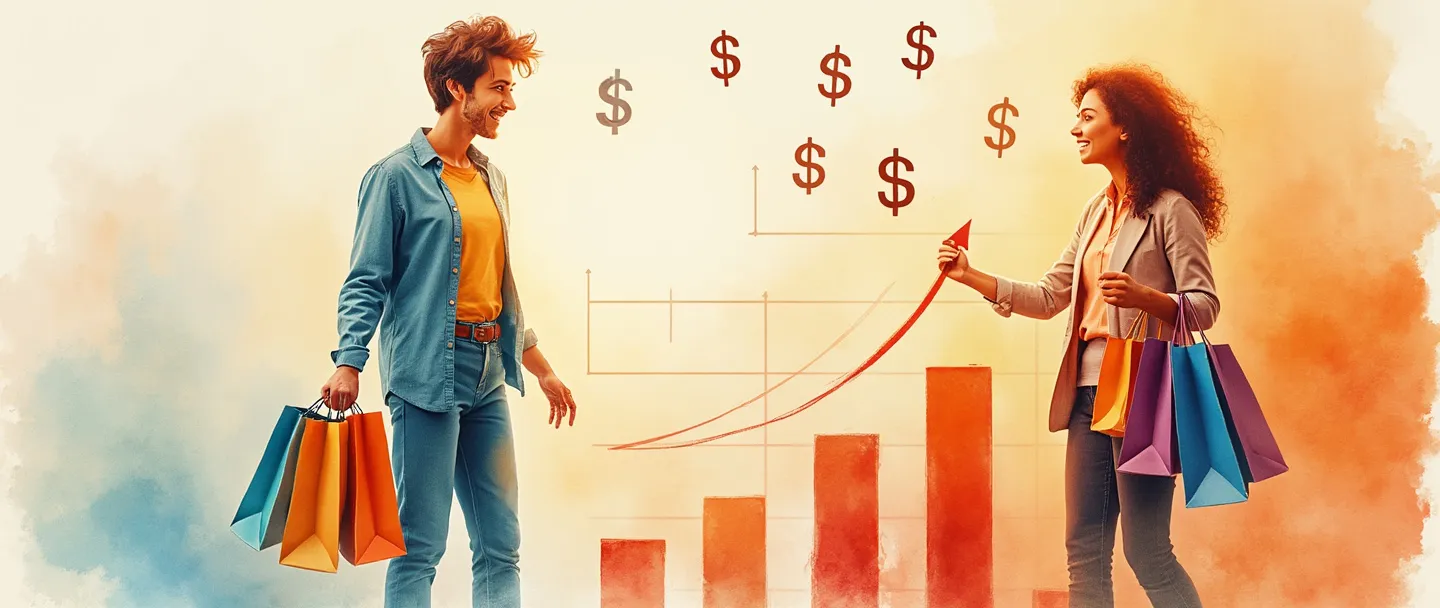 Uma pintura digital em aquarela de um cliente retornando a uma loja com uma sacola de compras, sendo recebido por um lojista sorridente. Uma seta circular os conecta, simbolizando negócios recorrentes. Um gráfico de barras simples se eleva no fundo mostrando o aumento da fidelidade do cliente. Cores quentes e acolhedoras com símbolos de cifrão sutis flutuando acima.