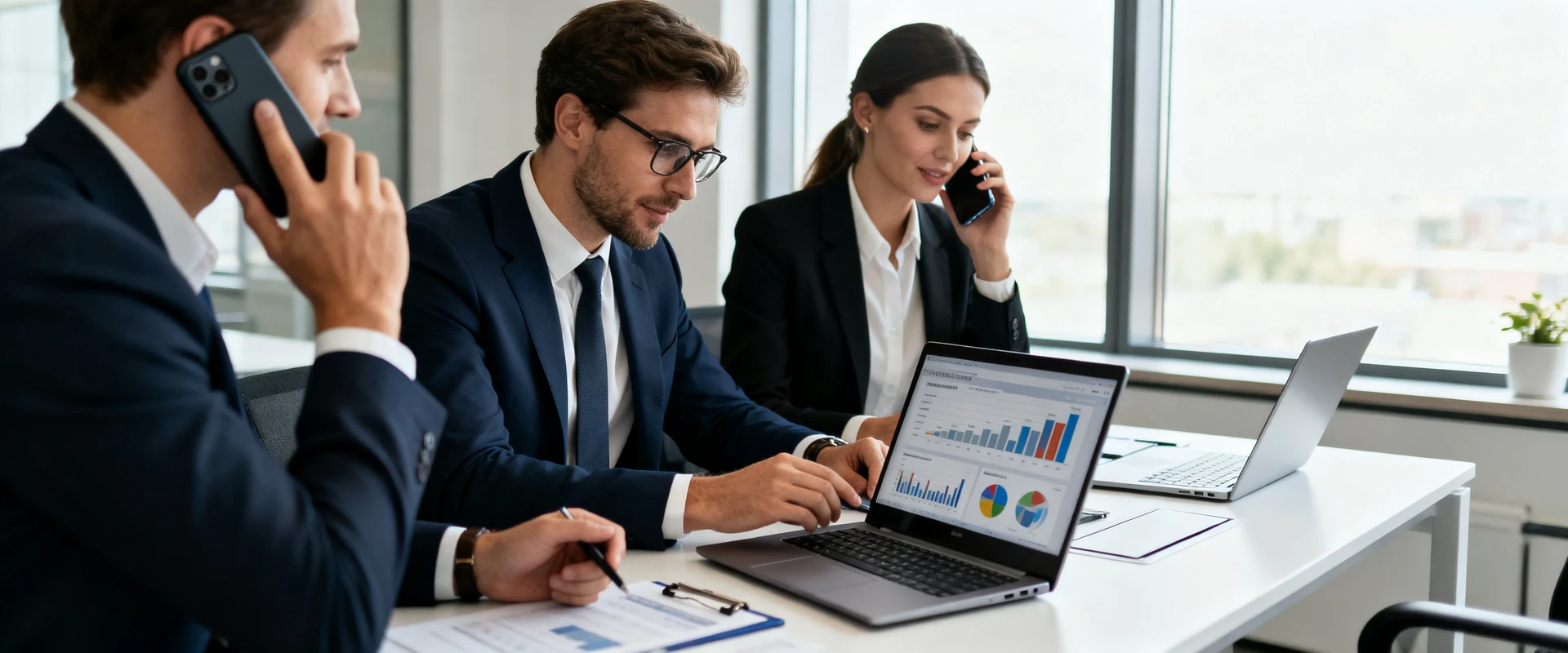 Prospecção de clientes: tudo o que você precisa saber para gerar mais negócios Fotografia editorial ultra-realista de equipe de vendas profissional trabalhando em escritório moderno, fazendo ligações para clientes e analisando dados de prospects em laptop e smartphone, capturada com luz natural em alta resolução.