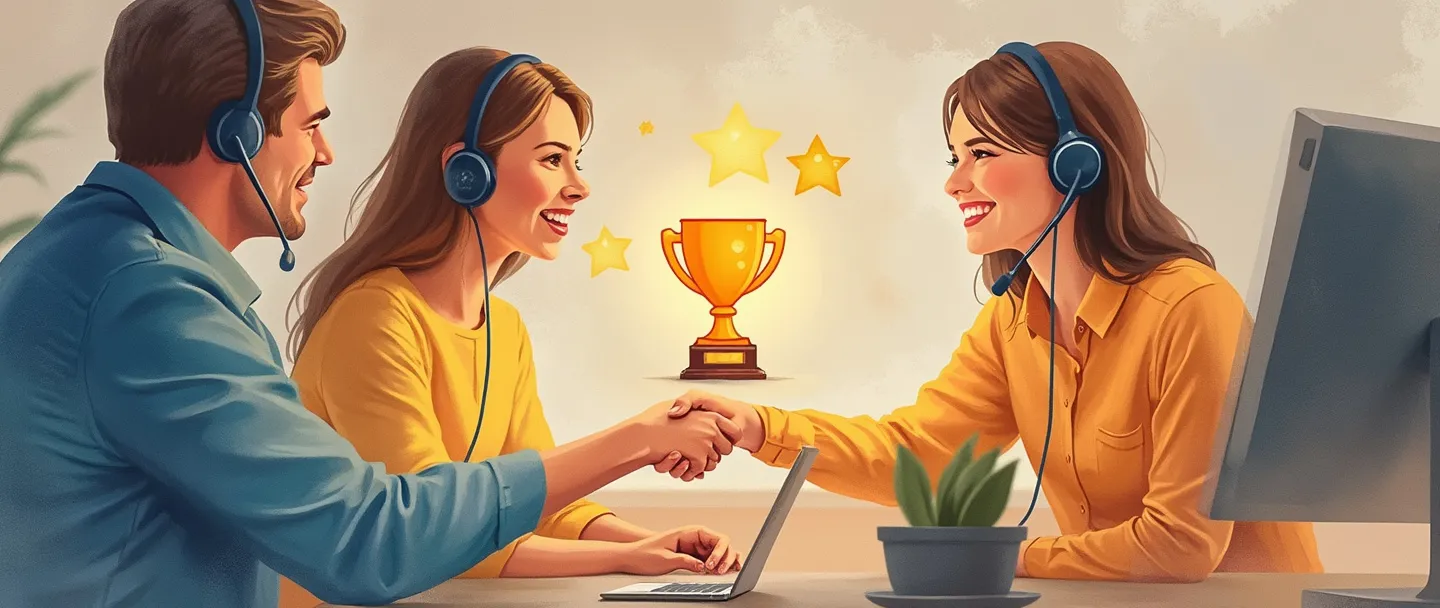 Uma pintura digital em aquarela de um representante de atendimento ao cliente sorridente com fone de ouvido apertando a mão de um cliente satisfeito. Um troféu brilhante e uma classificação de estrelas flutuam acima deles, simbolizando um serviço de qualidade. Composição simples com cores quentes e convidativas que transmitem confiança e profissionalismo.