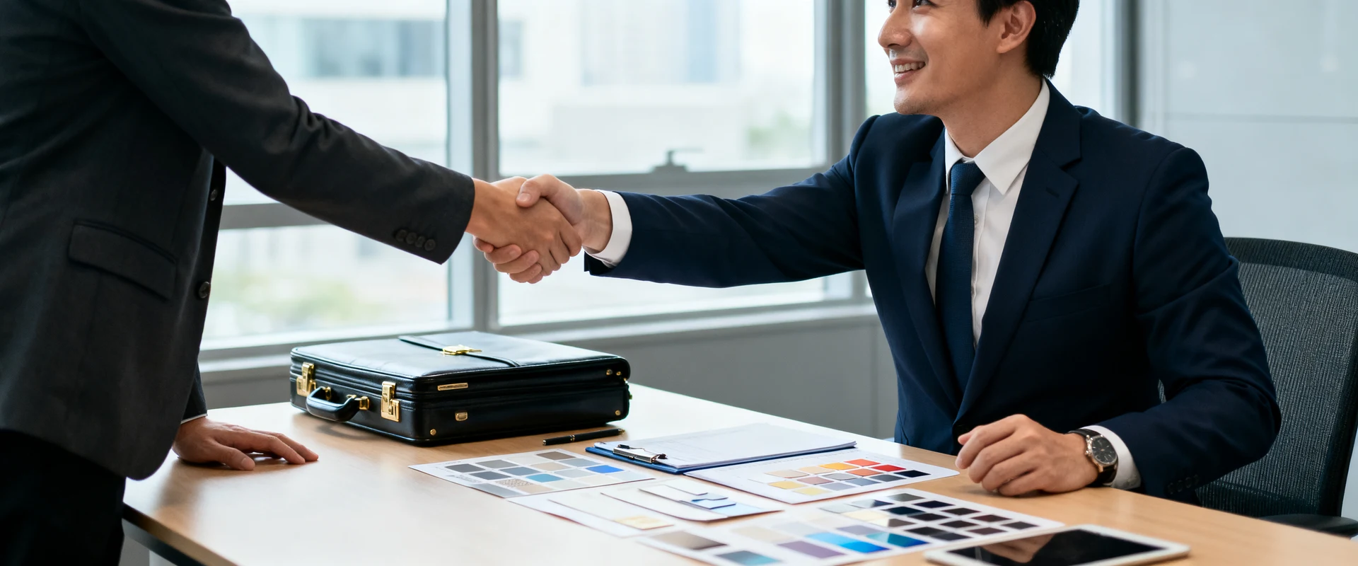 Representante Comercial: qual a função e como atua esse profissional? Fotografia editorial ultra-realista de representante de vendas profissional cumprimentando cliente em sala de reuniões moderna, com maleta e amostras de produtos sobre a mesa, capturada com Canon EOS R5 e luz natural, foco nítido e detalhes autênticos.