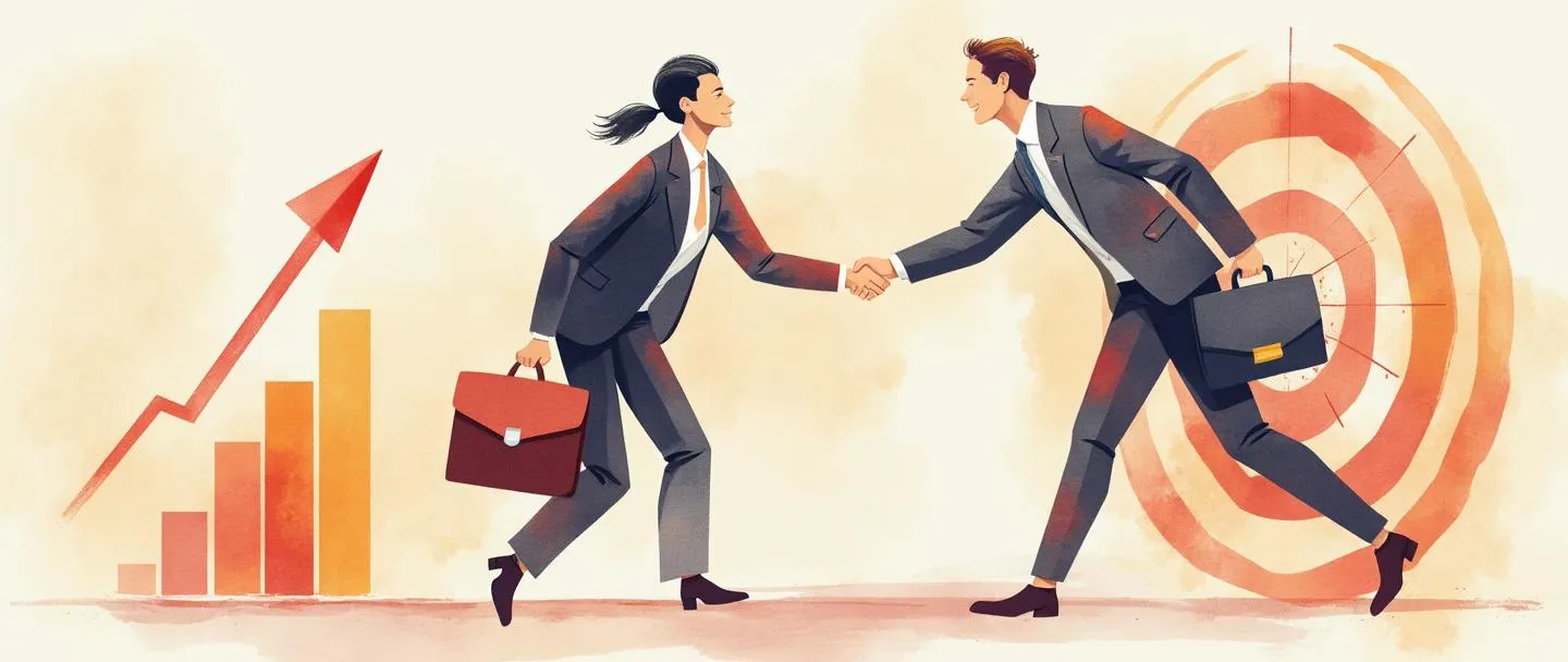 Uma pintura digital em aquarela de um profissional em traje elegante com uma pasta, apertando as mãos de um cliente. Atrás deles, um gráfico ascendente e um alvo com uma flecha no centro. Composição simples com cores quentes transmitindo expertise em vendas e sucesso.