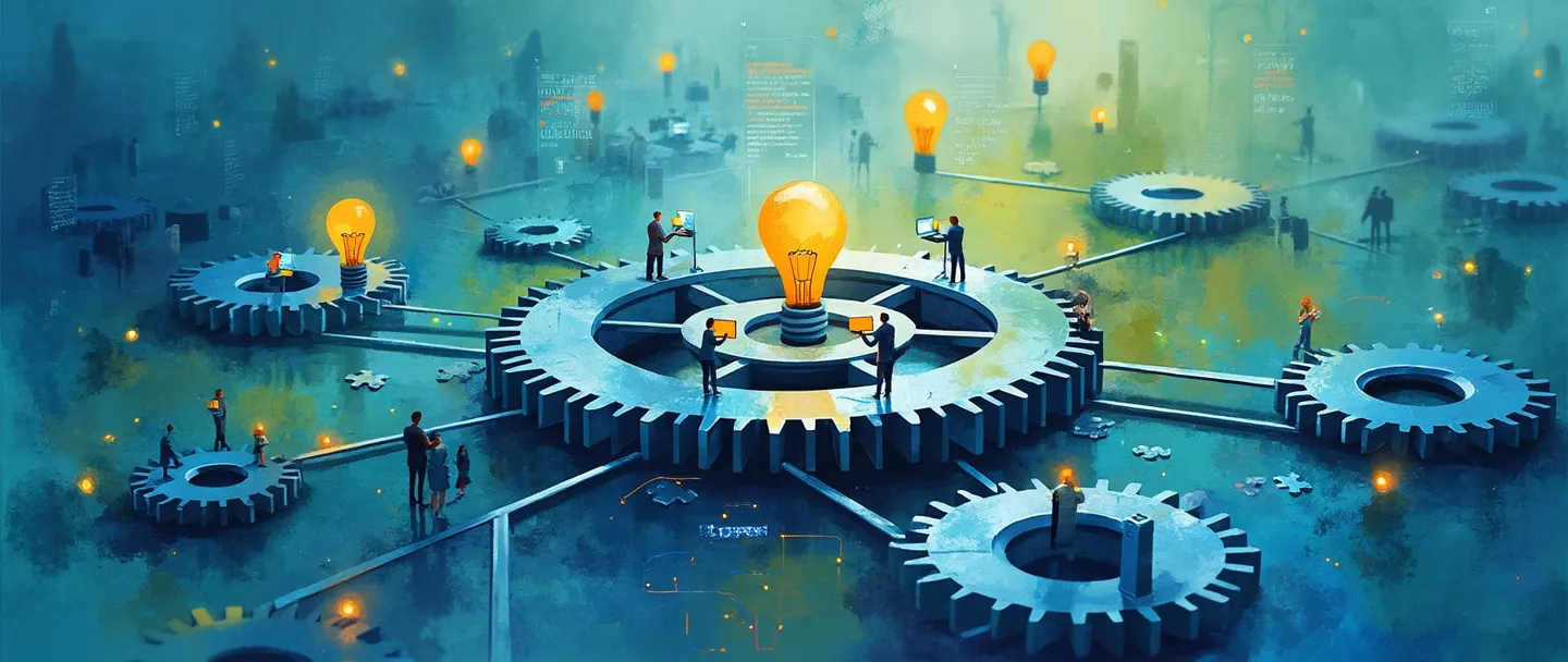 Uma pintura digital em aquarela de um hub central com engrenagens conectadas, cercado por lâmpadas flutuantes e telas de computador. Pequenas figuras colaboram ao redor de um espaço de trabalho compartilhado com símbolos de código e peças de quebra-cabeça fluindo entre elas. Composição simples com vibrantes tons de azul e verde, transmitindo inovação e desenvolvimento colaborativo.
